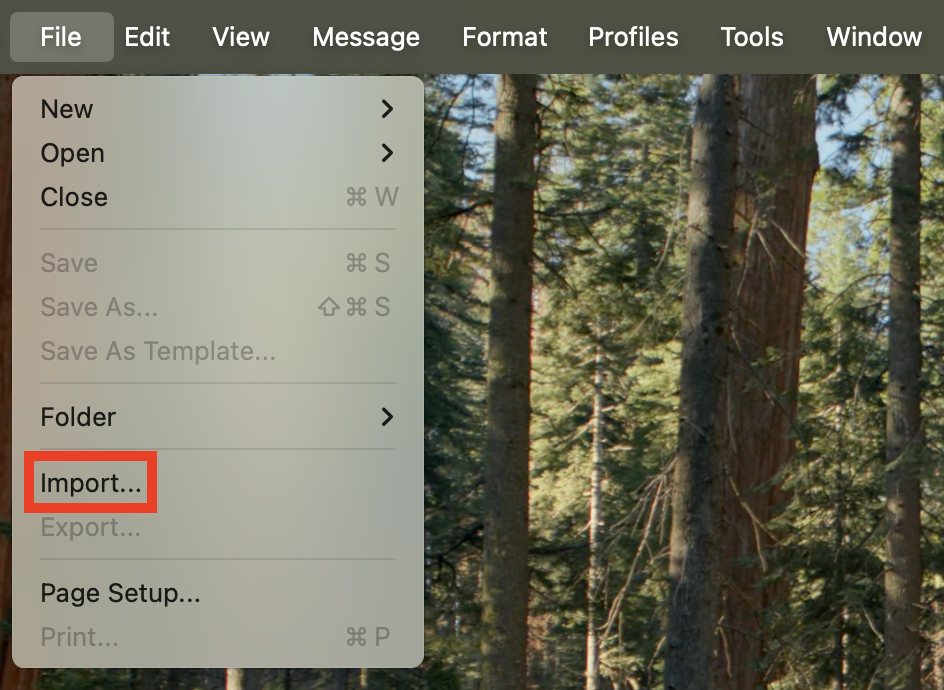 Import option in the Outlook for Mac File menu