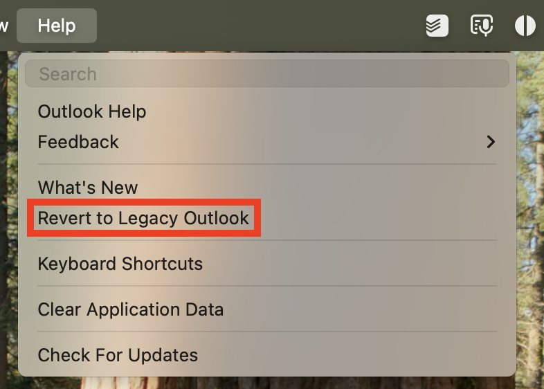 Outlook for Mac Help menu showing Revert to Legacy Outlook