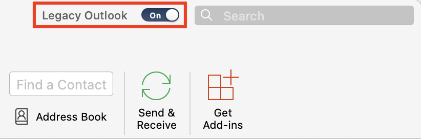 Legacy Outlook switch turned on in Outlook for Mac