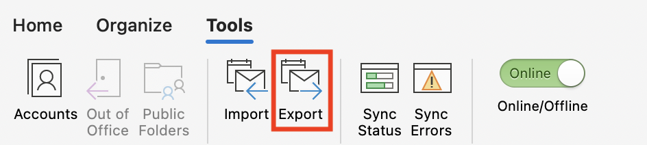 Export button on the Tools tab in legacy Outlook for Mac